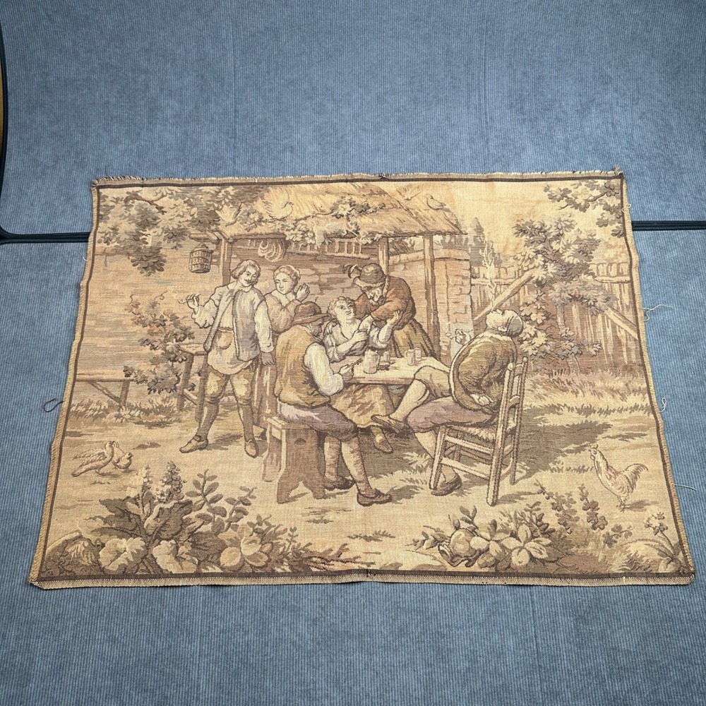 Vintage Made in Belgium Woven Wallβ Tapestry Tavern Scene European Textile Art